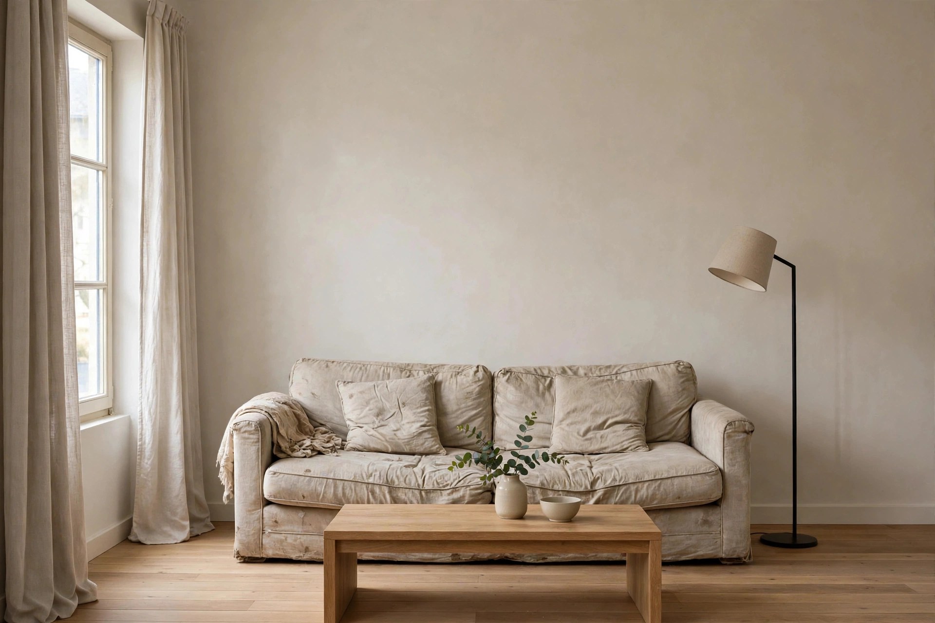 Worn sagging old sofa in a living room